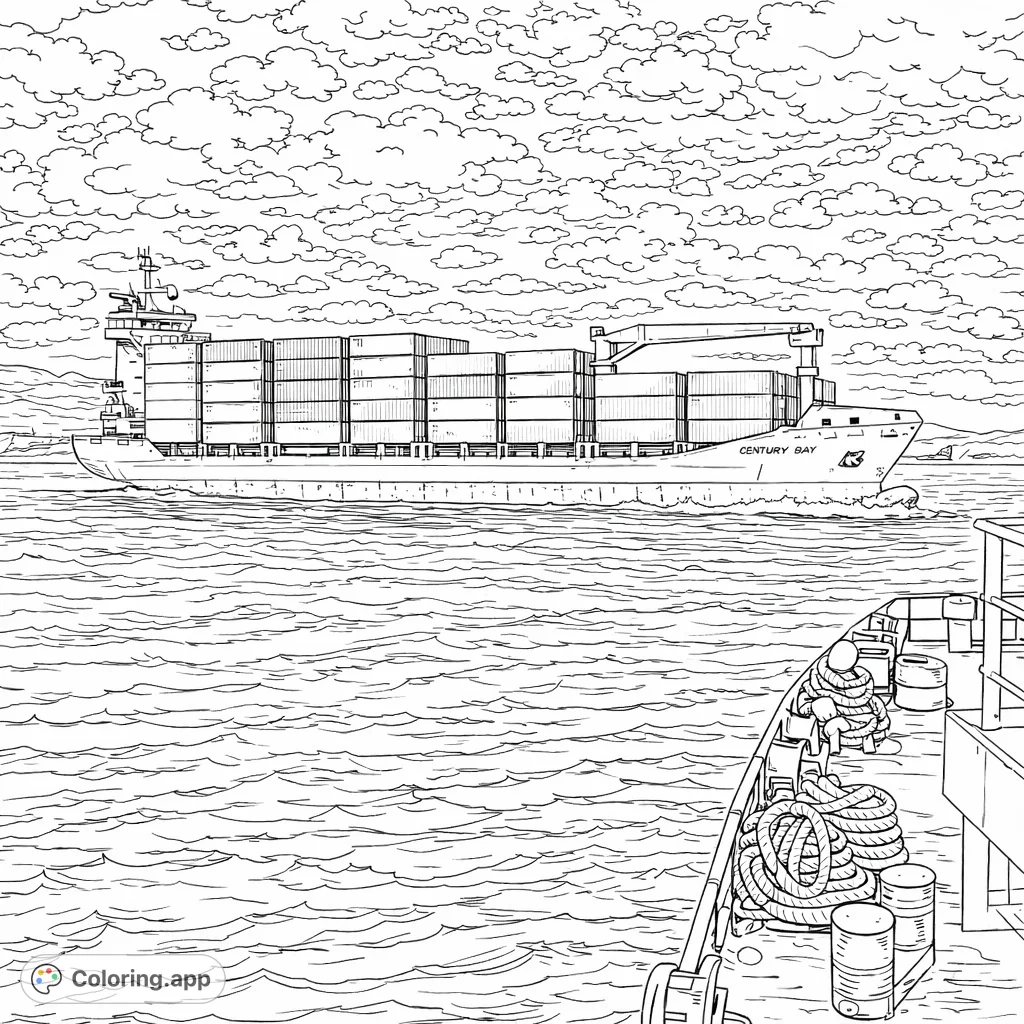 Navigate the open seas with this intricate cargo ship coloring page! Features a detailed vessel, stacked containers, and a textured maritime scene.