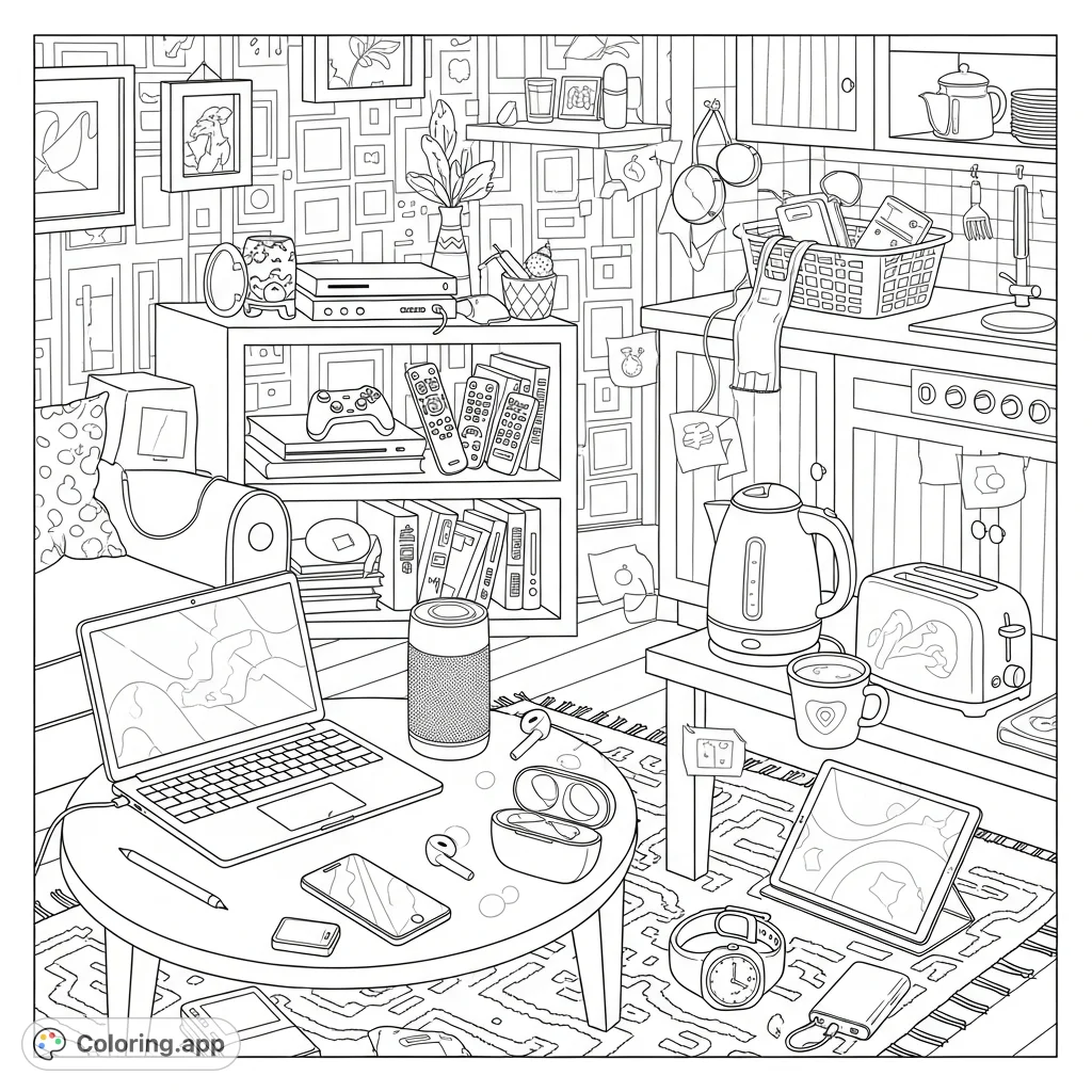 Discover a bustling scene filled with hidden everyday technology. Find laptops, smartphones, smart speakers, and more in this interactive coloring challenge.