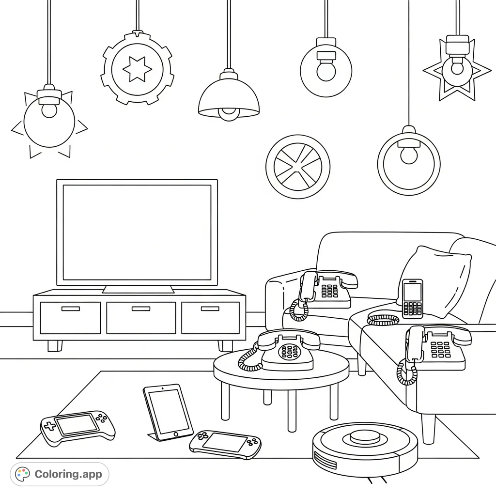 Find a TV, phones, lights, and more tech gadgets hidden in a cozy living room scene! A delightful search-and-find adventure for young kids.