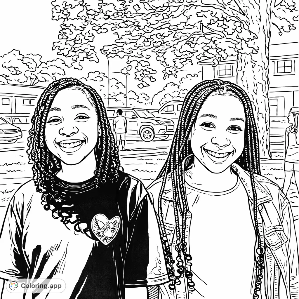A beautiful friendship portrait featuring two young individuals with intricate braids and genuine smiles, set against a pleasant outdoor scene. Perfect for creative expression.