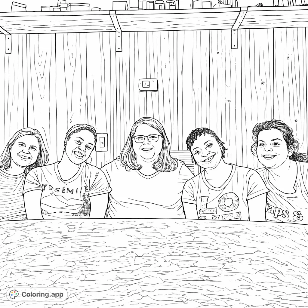 Capture the warmth of friendship with this group portrait coloring page. Five women smile, ready for your creative touch to bring their personalities to life.