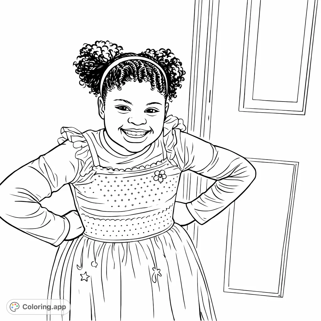 A delightful coloring page featuring a smiling young girl in a charming, frilly dress, perfect for imaginative coloring and creative expression.