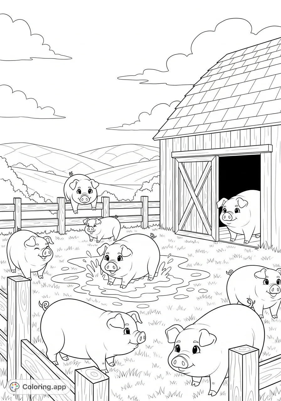 Explore a whimsical anime-style pig farm. Delightful pigs frolic near a barn and fence amidst rolling hills and clouds, perfect for imaginative coloring.