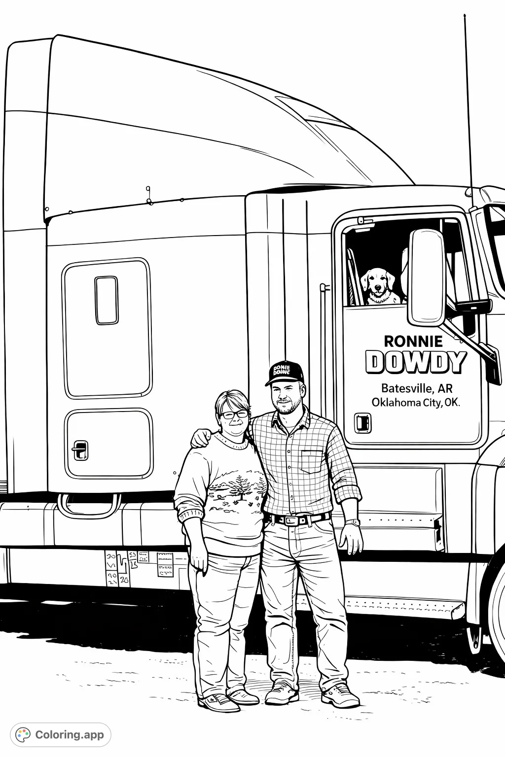 Capture a heartwarming scene of a trucking couple and their loyal canine companion alongside their powerful semi-truck. A perfect blend of family, travel, and adventure.