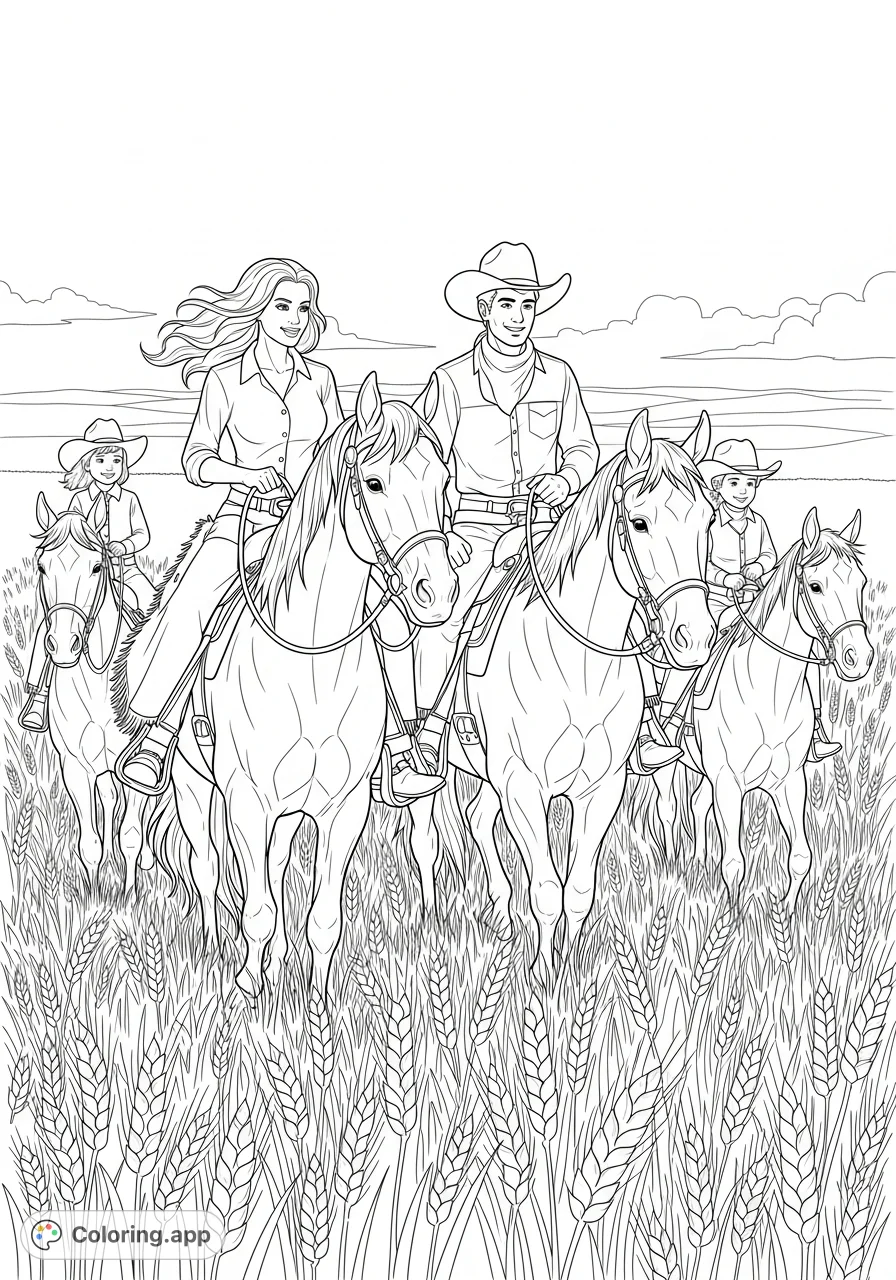 Gallop through a vast wheat field with a cowboy, a woman, and two children on horses. A captivating Western adventure for all ages to color!