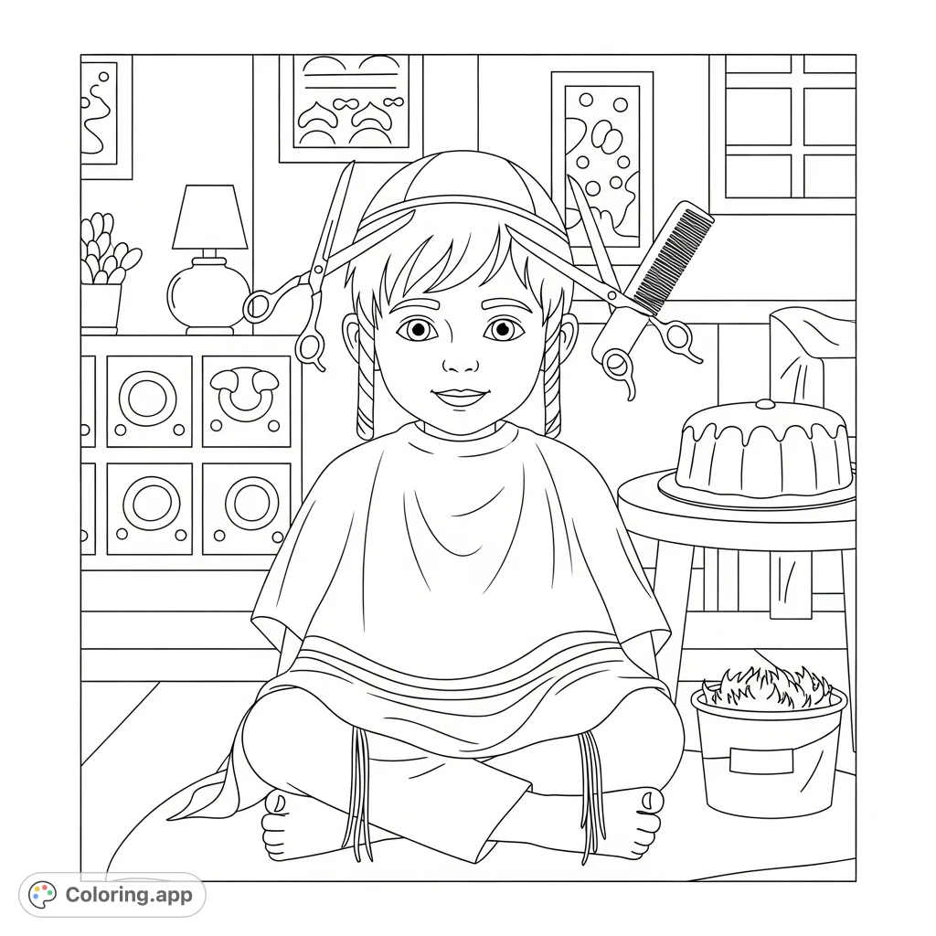 Celebrate the heartwarming Jewish tradition of Upsherin with this detailed coloring page featuring a boy in traditional attire getting his first haircut.