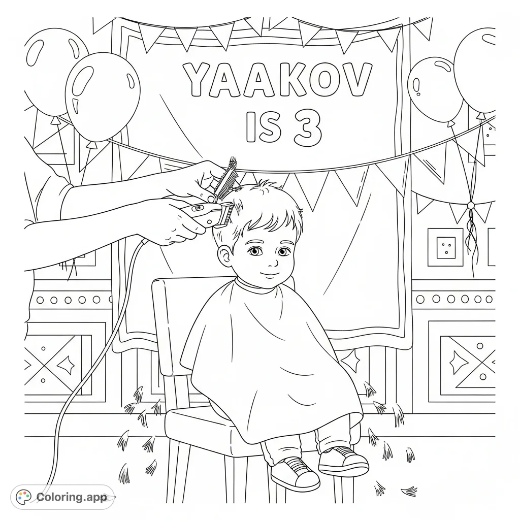 Celebrate Yaakov's special upsherin with this festive coloring page, featuring the text "Yaakov is 3" amidst party decorations.