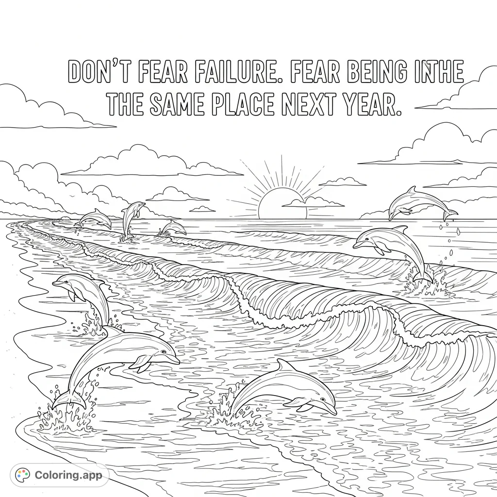 Dive into this uplifting beach coloring page featuring majestic dolphins leaping over ocean waves and an inspiring quote to ignite your motivation. Perfect for all ages!