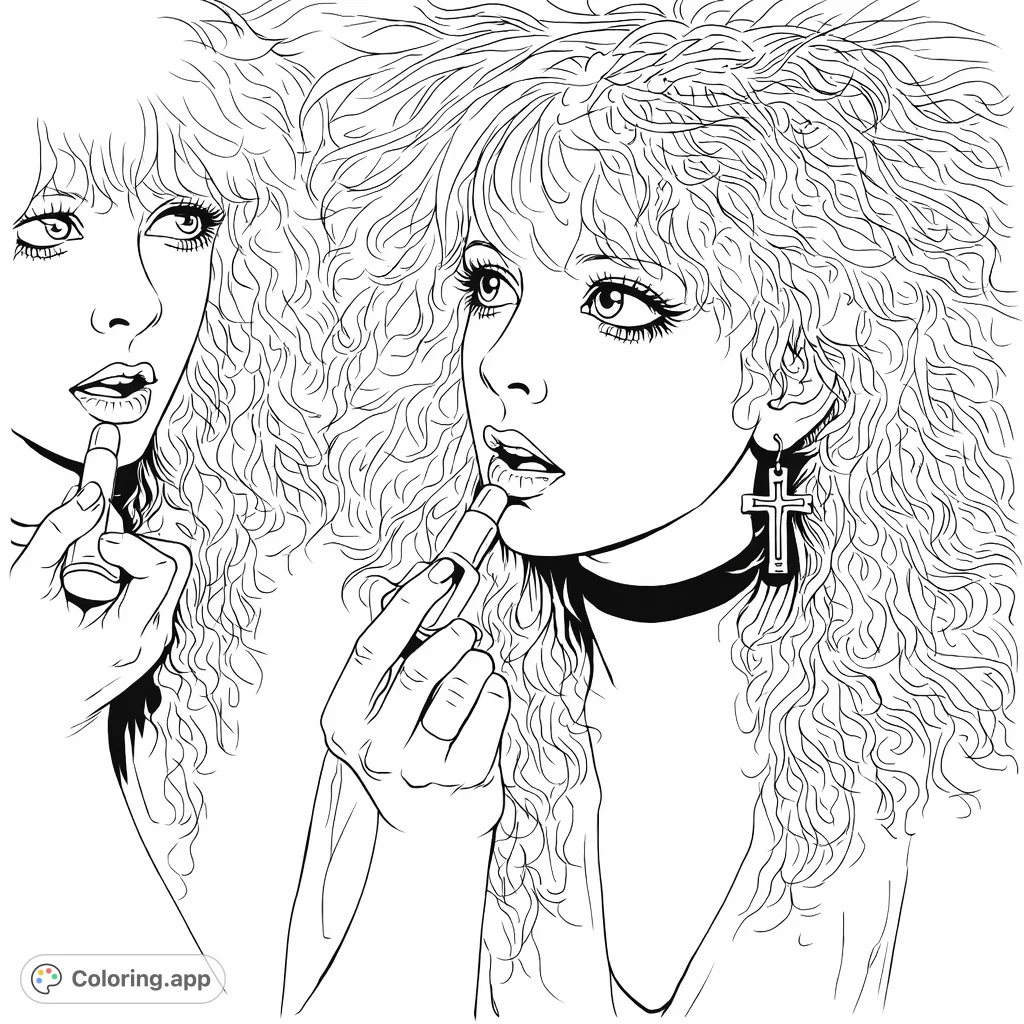 A detailed retro glamour coloring page featuring a person applying makeup, with a striking reflection and voluminous hair, perfect for expressive coloring.