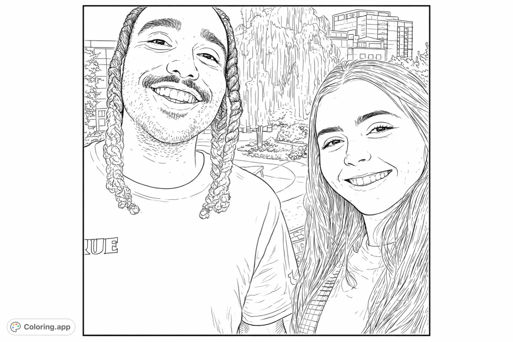 Capture the joy of connection with this engaging coloring page featuring two smiling individuals amidst a lively urban and natural backdrop.