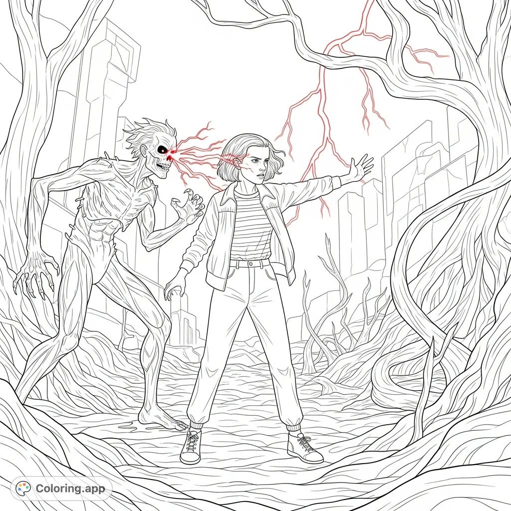 Witness Eleven's powerful confrontation with Vecna in the haunting Upside Down, a thrilling Stranger Things coloring page for fans of epic battles and intricate details.