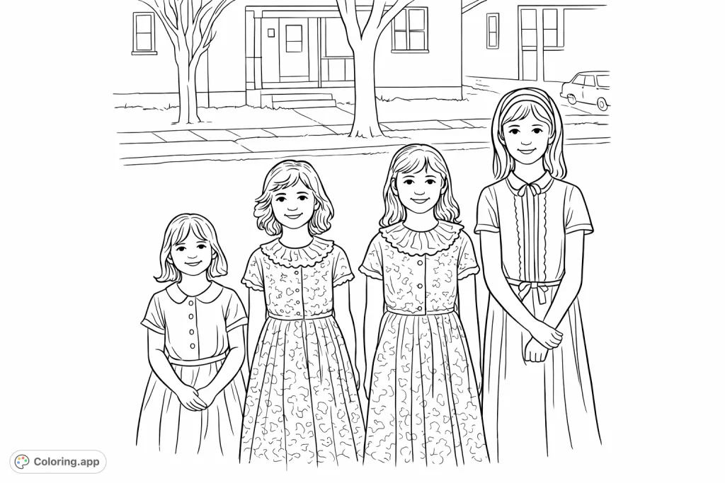 Capture a moment in time with this charming vintage portrait. Four smiling girls in patterned dresses stand against a suburban background, awaiting your creative touch.