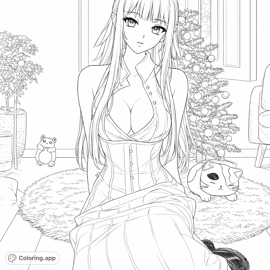 An anime-inspired figure in a stylish holiday dress, surrounded by festive decorations and plush friends. A delightful scene for creative coloring.