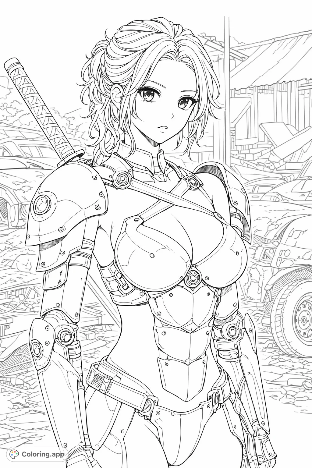 A striking anime-style futuristic warrior stands ready in a detailed, post-apocalyptic landscape, perfect for dynamic coloring adventures.