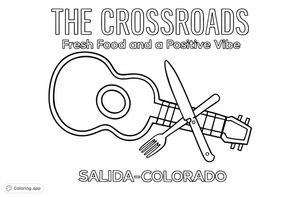 A unique coloring page featuring a stylized guitar, crossed fork and knife, and layered text. Perfect for foodies and music lovers to personalize!