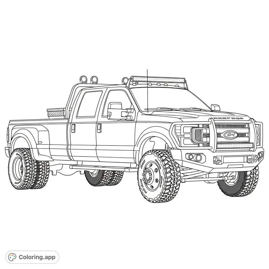Color a powerful Ford F450 Dually, equipped for rugged terrain with massive off-road tires, a headache rack, heavy-duty bumper, and a roof-mounted light bar.