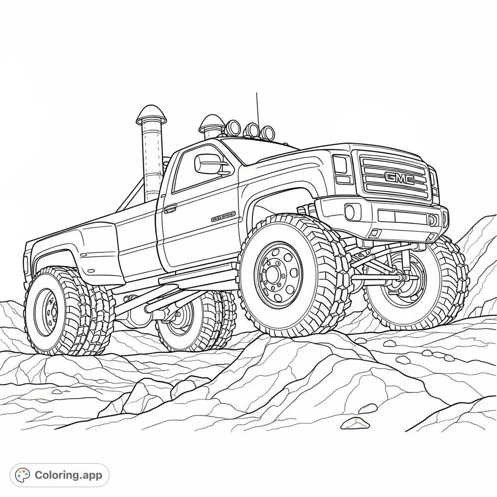 Unleash your creativity with this detailed Off Road GMC coloring page, featuring massive dually tires, towering smoke stacks, and a rugged landscape.