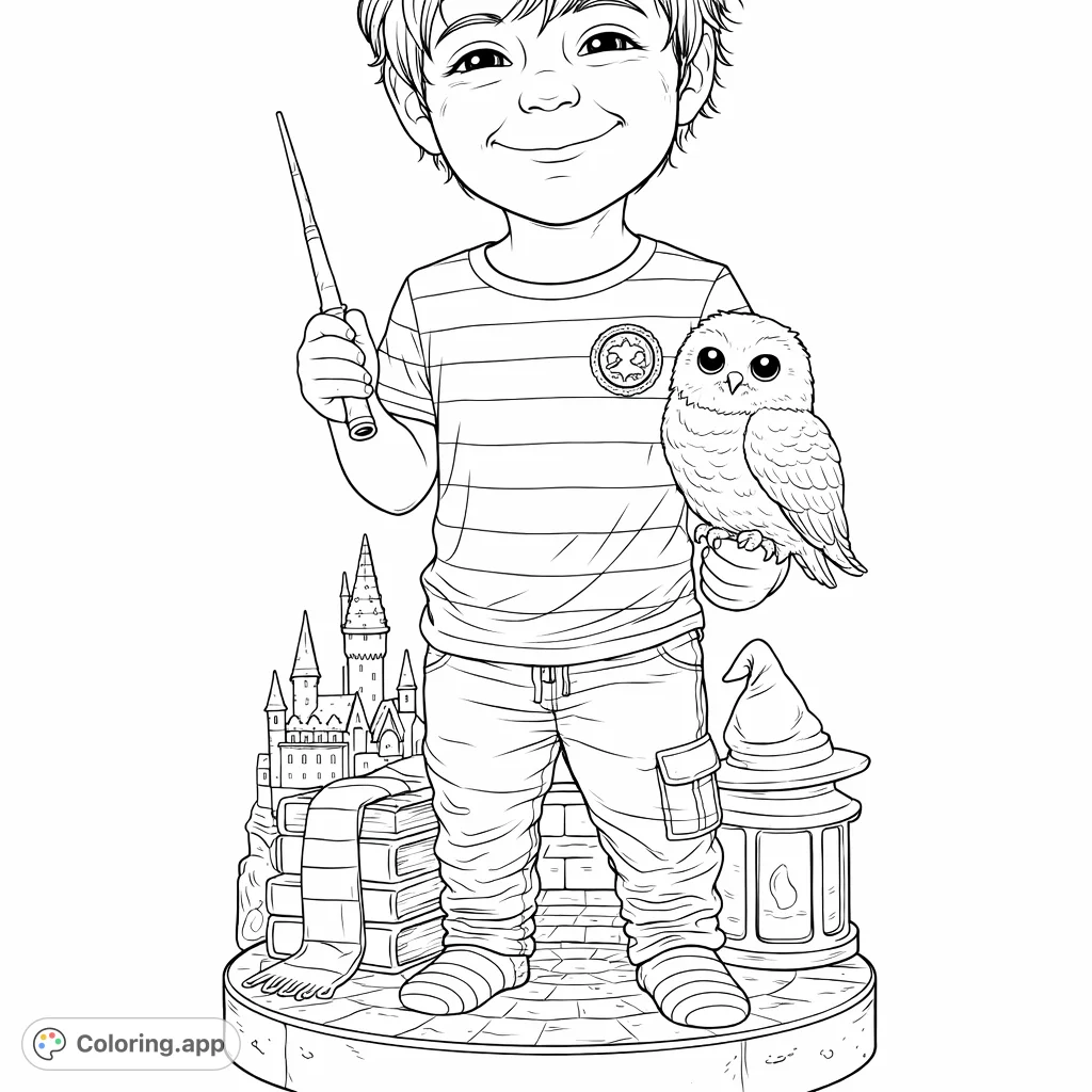 A cheerful young wizard holds his wand and owl, surrounded by a magical castle, ancient books, and a lantern. Perfect for fantasy fans!