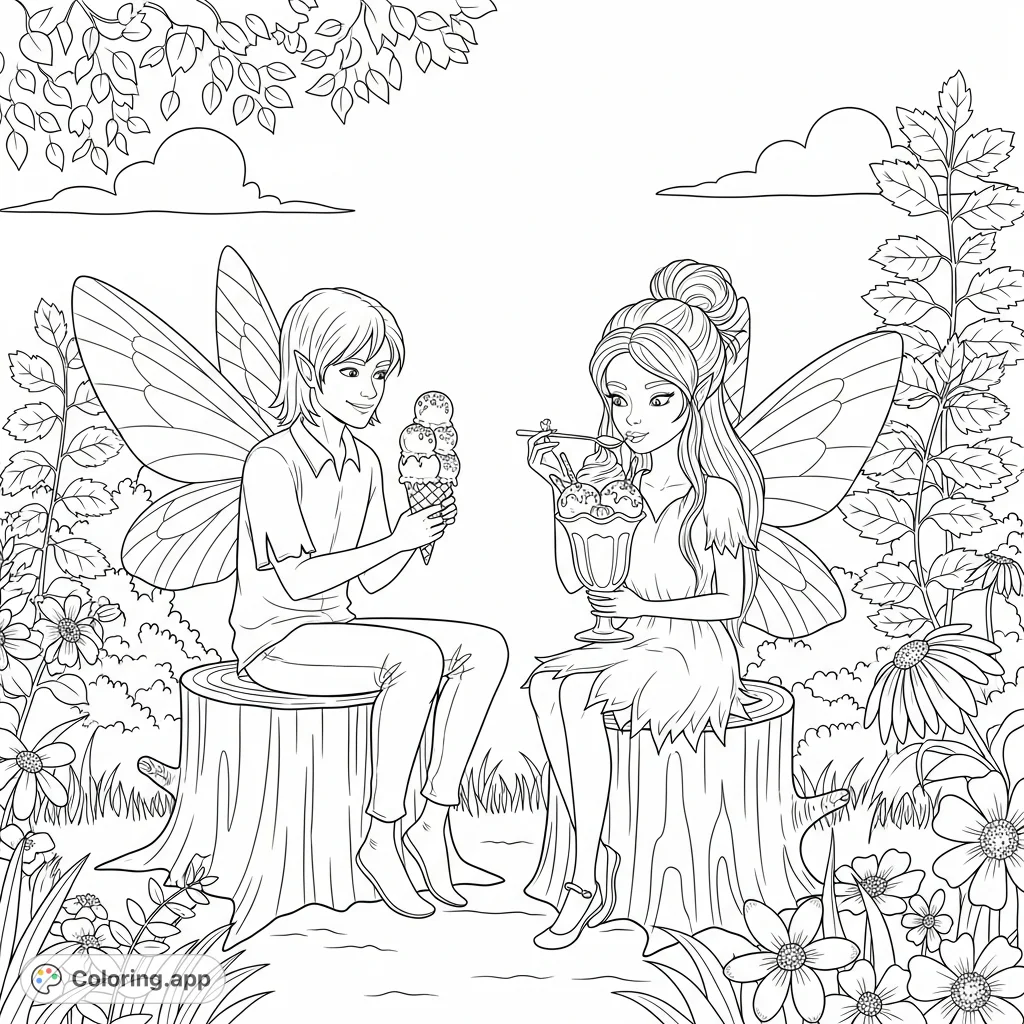 Two delightful fairies, a male with an ice cream cone and a female with a sundae, share a sweet moment on log seats in a whimsical summer setting.