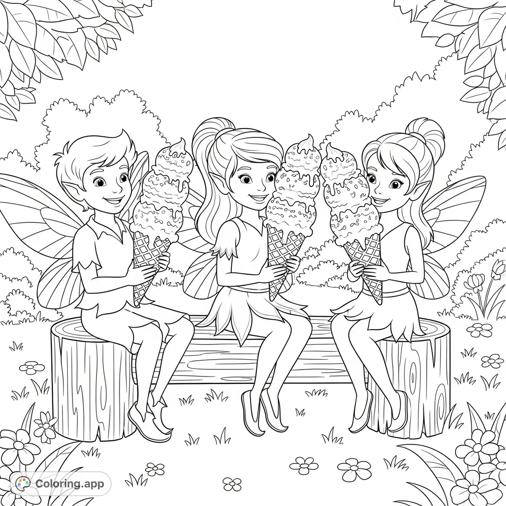 Three delightful male and female fairies enjoy ice cream cones on log seats on a joyful summer day. A whimsical scene perfect for a magical escape.