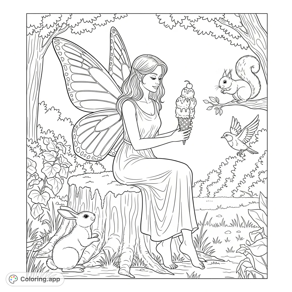 A whimsical fairy with butterfly wings enjoys an ice cream cone with her charming animal companions in a magical forest. A delightful free printable fairy coloring page.