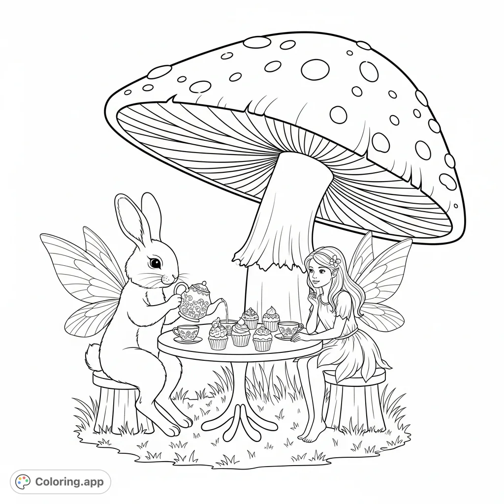 An enchanting fairy bunny tea party under a charming mushroom canopy, featuring a winged rabbit pouring tea for a girl fairy. Perfect for whimsical coloring fun!