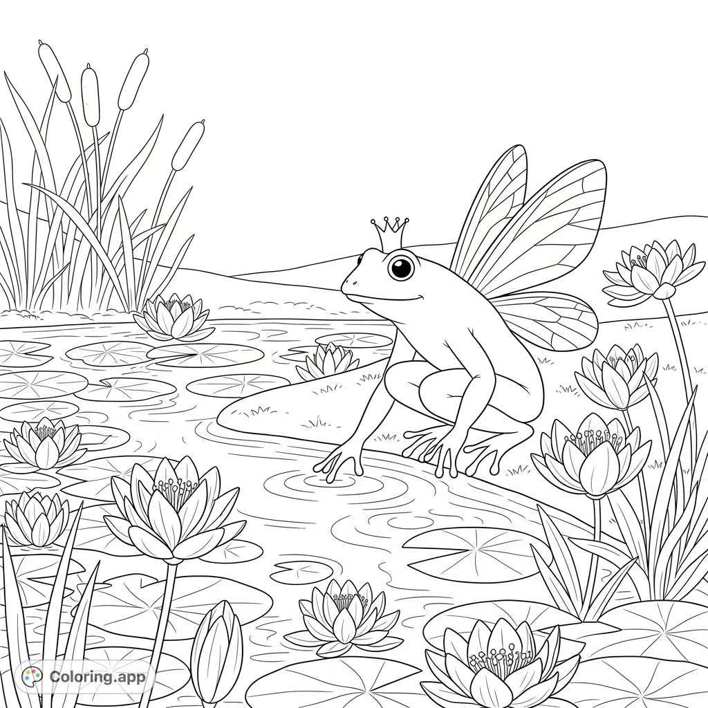 Discover a charming frog fairy beside a tranquil pond, adorned with lily pads and blooming water flowers. A delightful nature scene for creative coloring.
