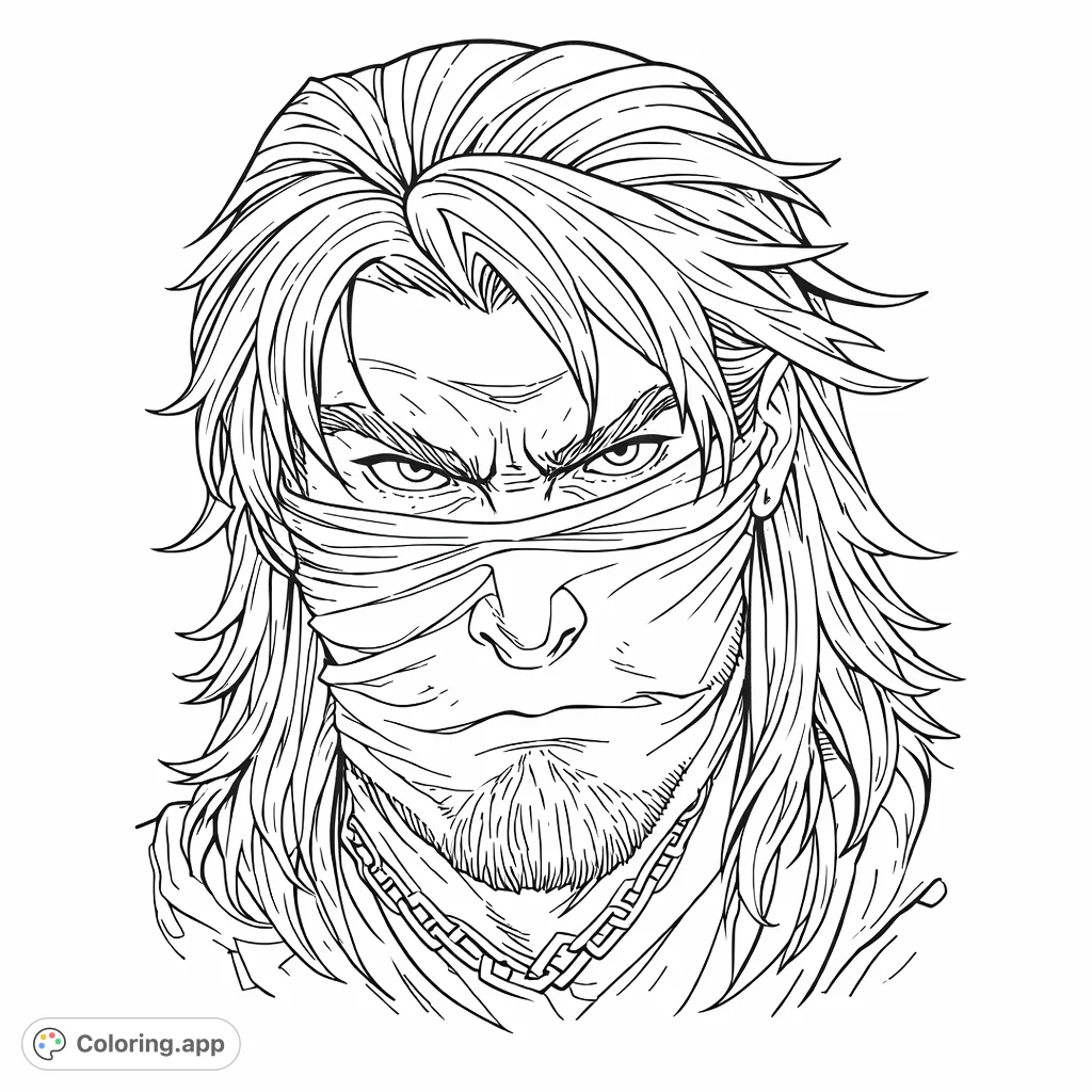 Color this powerful masked character with flowing hair and an intense gaze. Unleash your creativity on this detailed portrait of a mysterious figure.