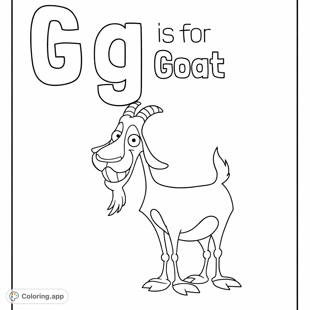 An engaging alphabet coloring page featuring a cheerful goat alongside a large letter G and 'is for Goat' text, perfect for early learning and fun for kids.