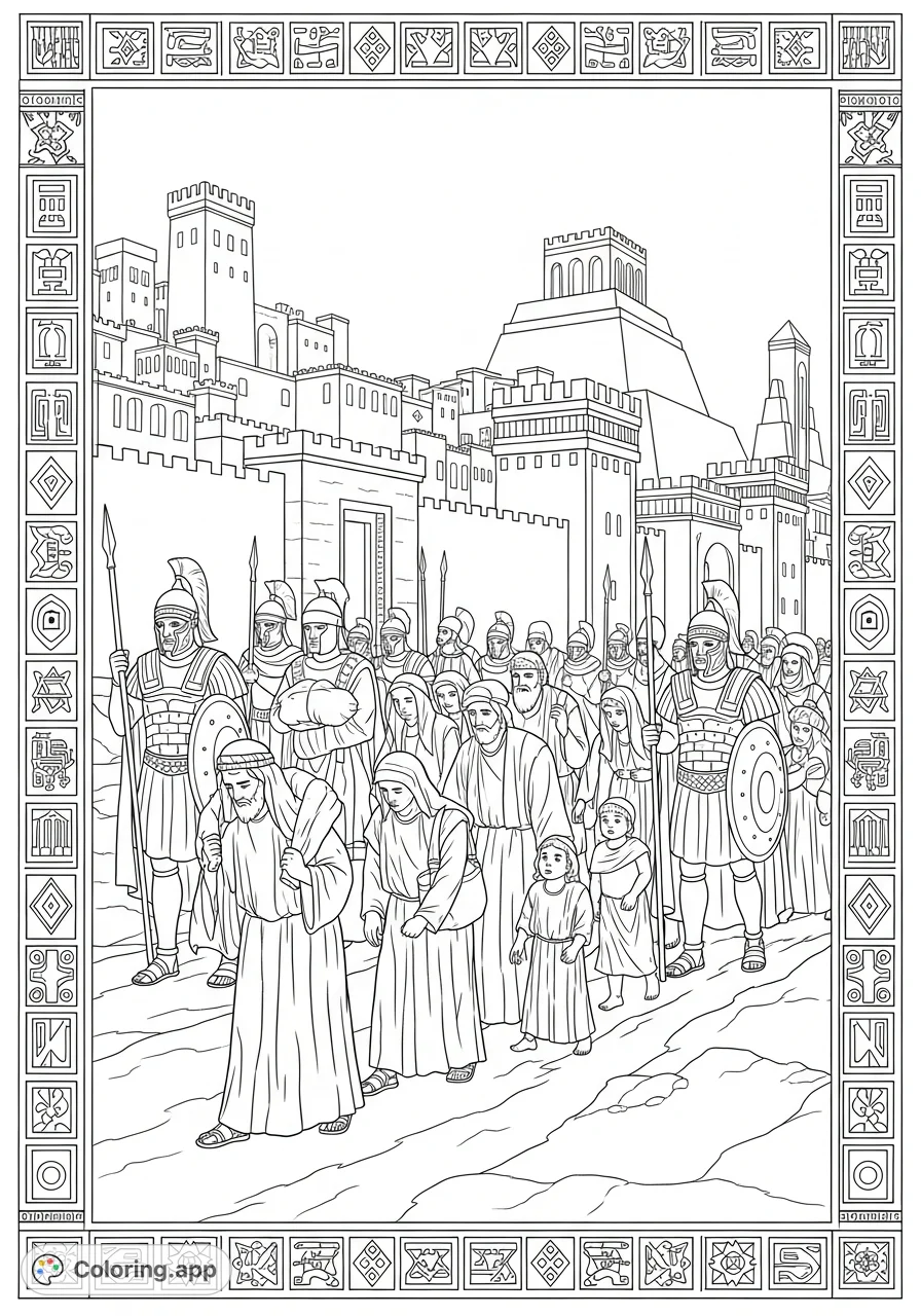 Depicting the somber procession of Jewish exiles from their homeland towards Babylon, flanked by formidable soldiers, with an ancient city in the background and a detailed border. A meaningful historical coloring page.