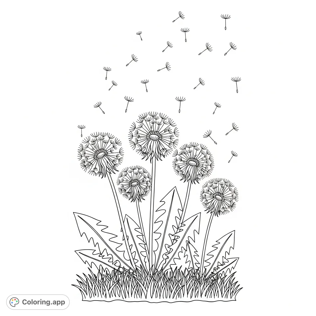A tranquil dandelion coloring page capturing delicate plants and their seeds floating on the breeze above soft grass. Perfect for relaxation and nature lovers.