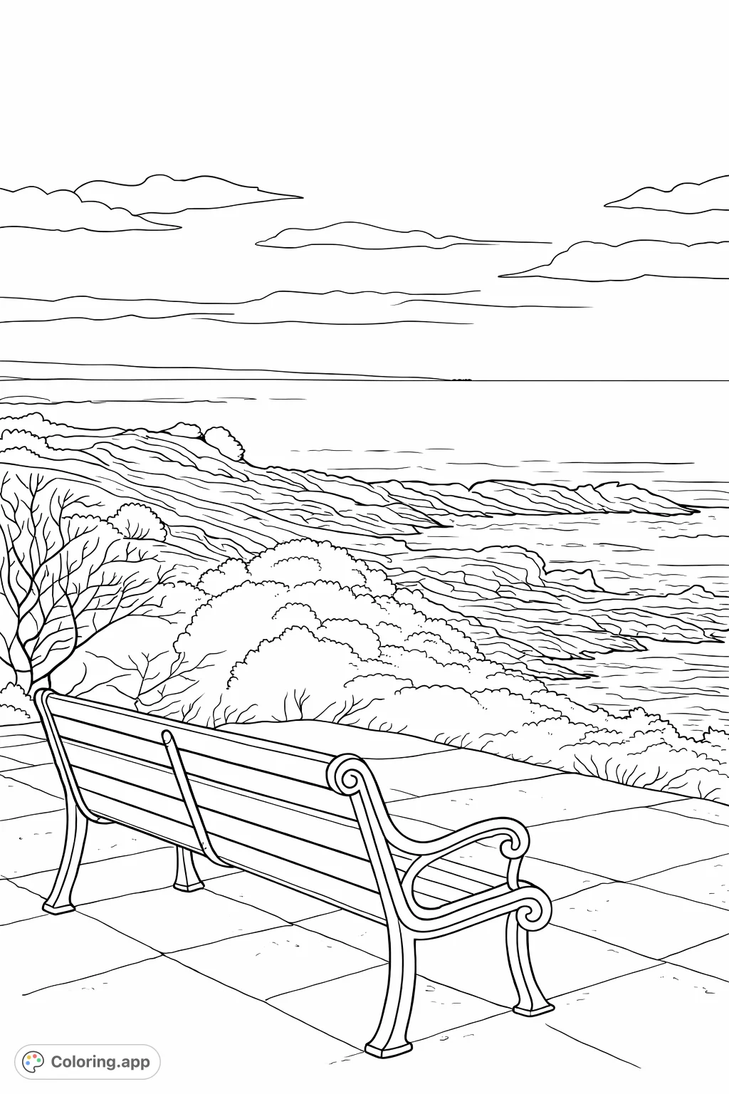 Relax and color a peaceful coastal vista featuring a simple bench overlooking a rugged shoreline, crashing waves, and a wide, cloudy sky. A serene seascape coloring page.