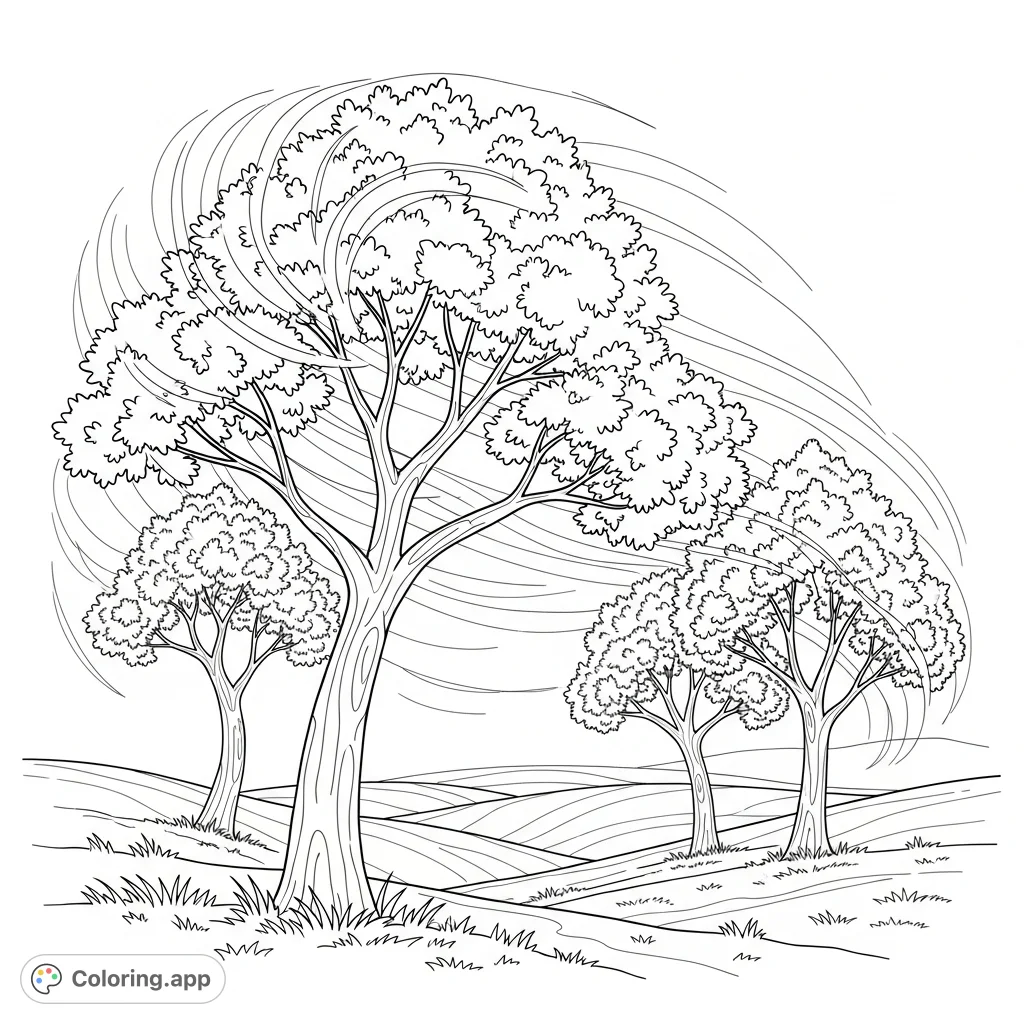 Discover a peaceful wind-swept landscape coloring page featuring gently swaying trees on rolling hills. Perfect for relaxation and creative expression!