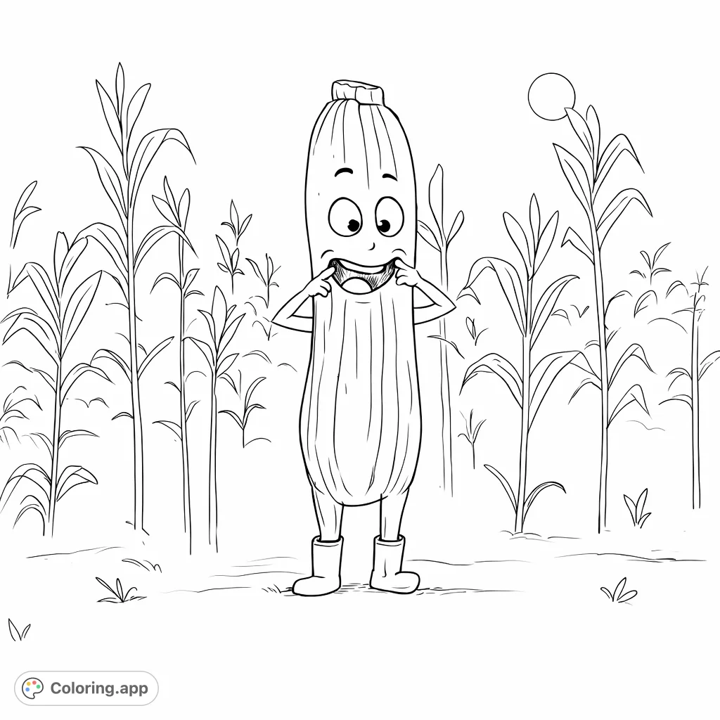 Discover a delightful zucchini character with a big smile in a sunny field of tall plants. This charming veggie scene is perfect for sparking creativity!