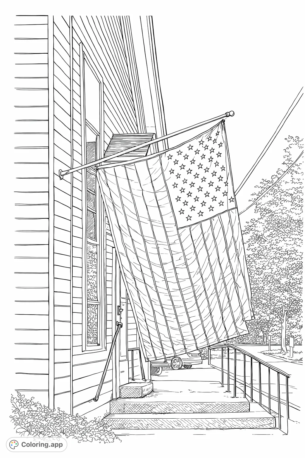 A detailed realistic American flag hangs proudly from a building, featuring intricate stripes and stars. Steps, a railing, and foliage complete this patriotic scene.