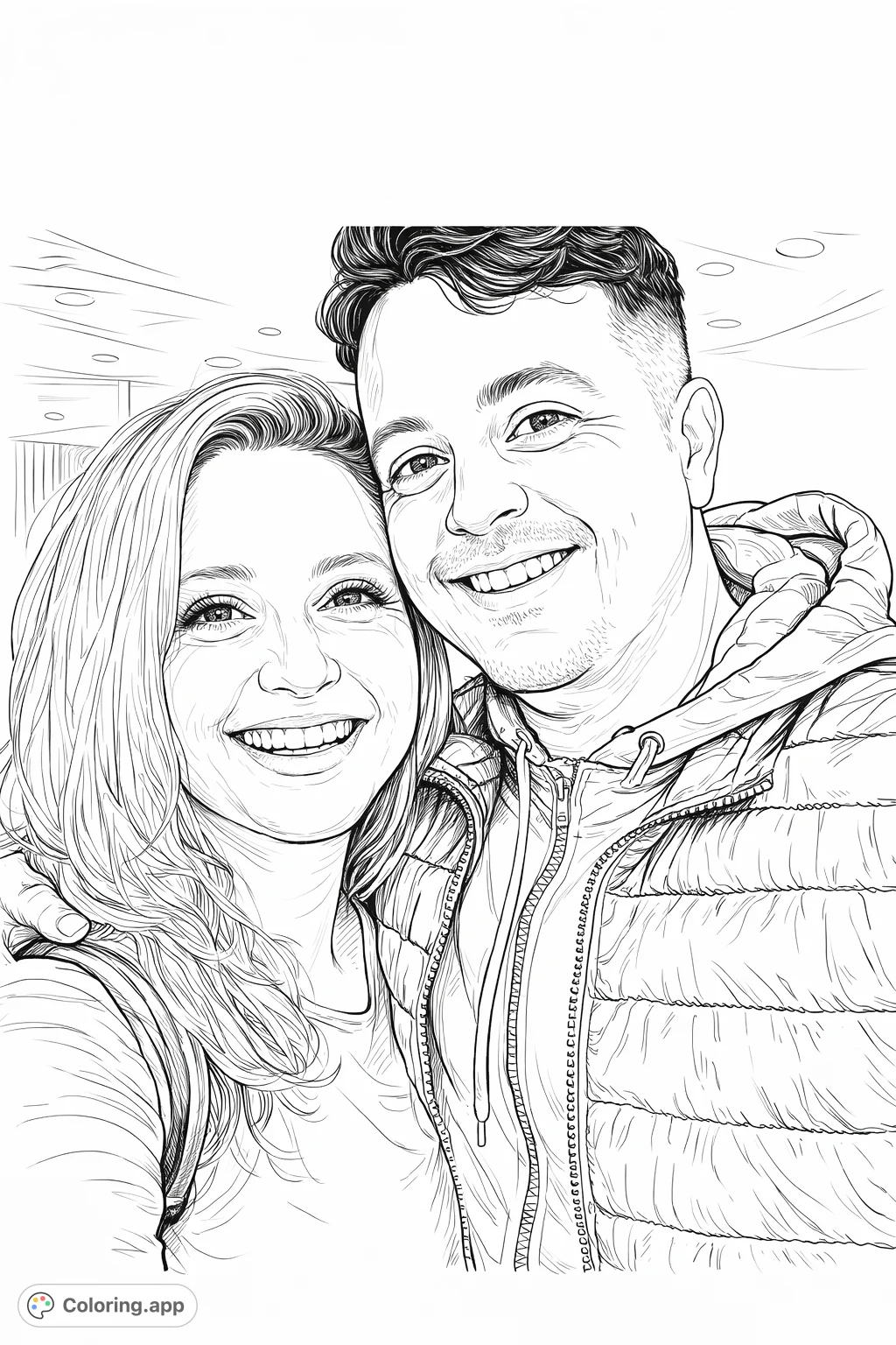 Capture the joy of connection with this realistic coloring page featuring a broadly smiling couple. Perfect for celebrating relationships and shared happiness.