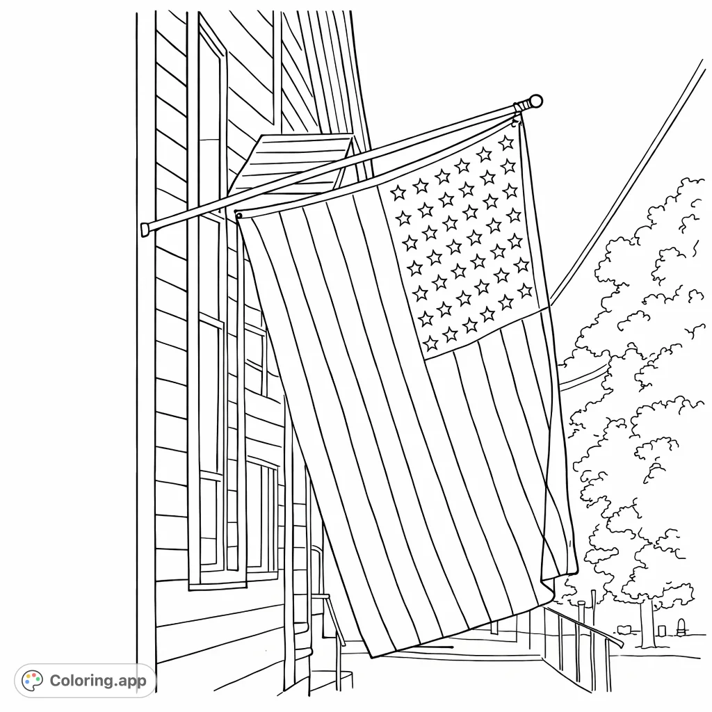 A stately flag unfurled from a building, featuring prominent stripes and a field of stars, set against a simple backdrop.
