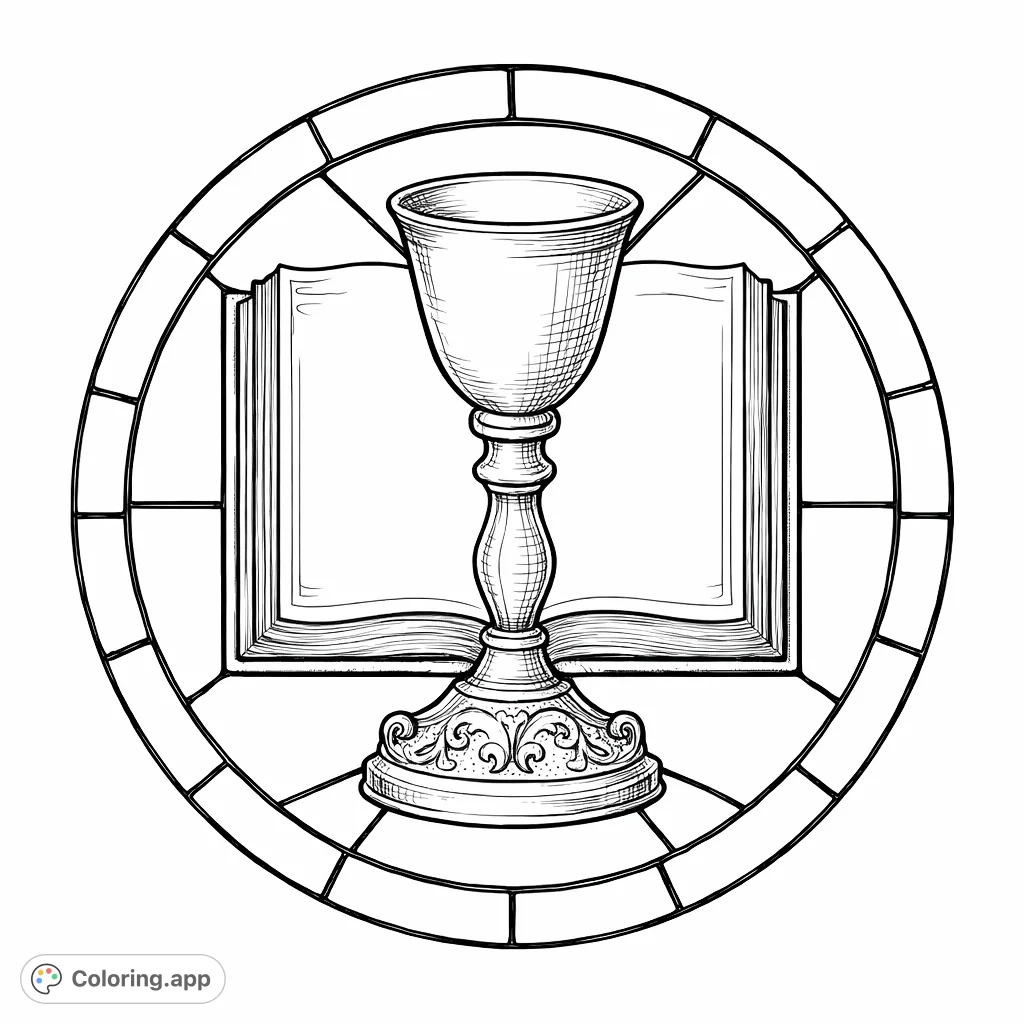 An intricate stained glass chalice and open book design for coloring. Perfect for detailed work and spiritual reflection.