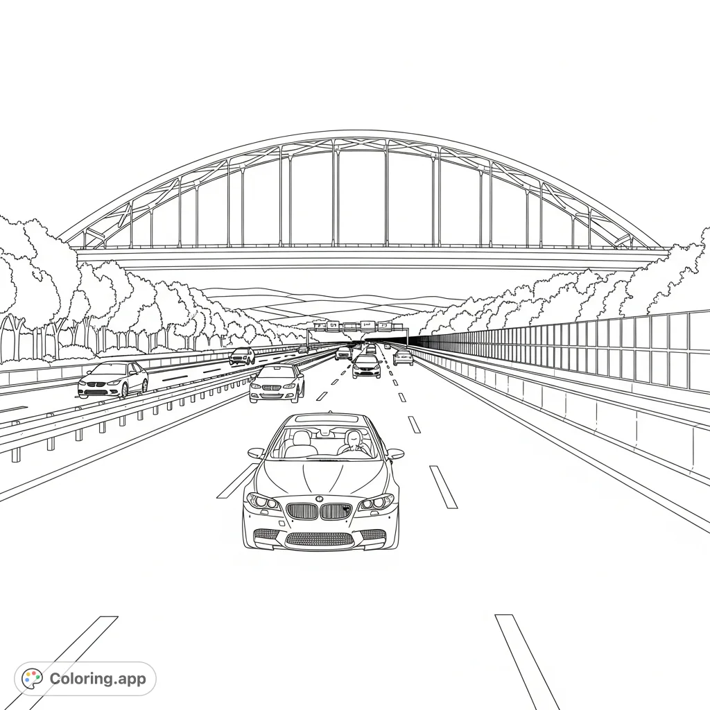 Experience the thrill of the open road with this detailed BMW M5 coloring page, featuring a modern highway, a majestic bridge, and surrounding landscape.