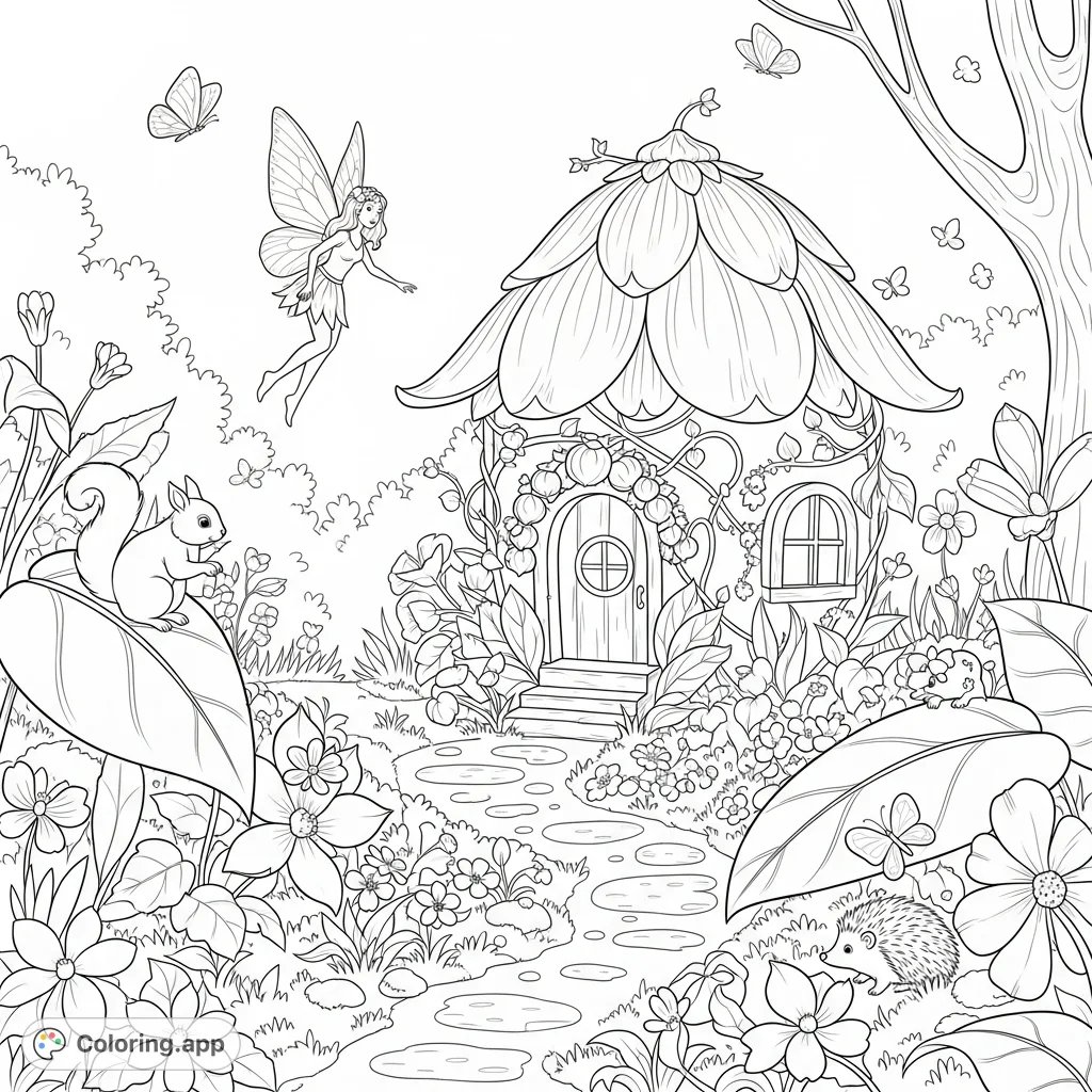 A graceful fairy, tiny animals, and a magical flower house nestled in an enchanted garden. A whimsical fantasy scene for delightful coloring fun.