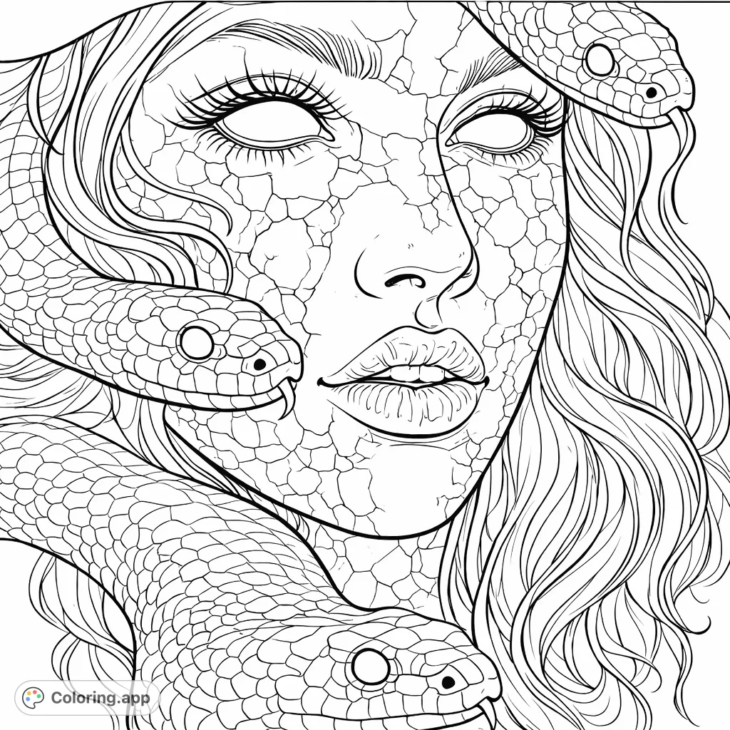Detailed Medusa coloring page featuring a cracked-skin woman entwined with intricate serpents. Perfect for fantasy fans and those seeking a mythical challenge.