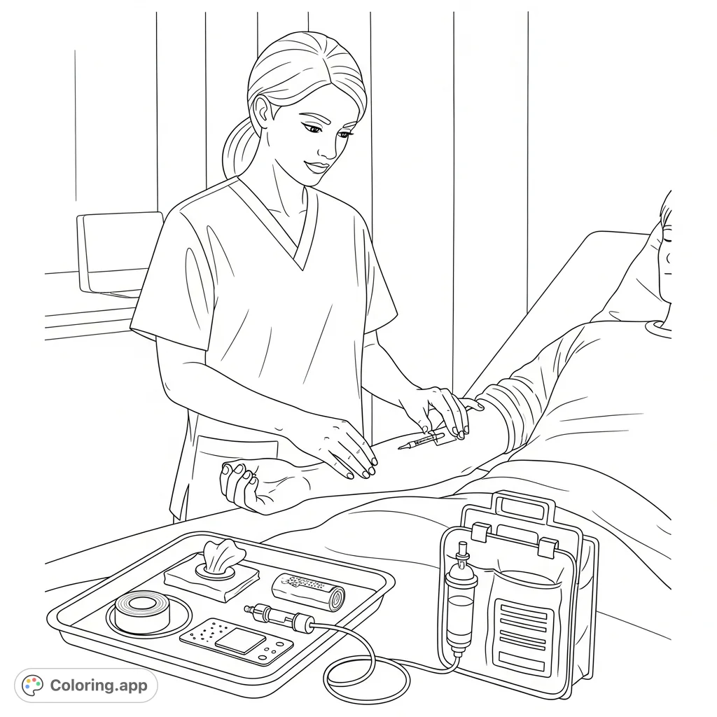 Explore a realistic medical scene! This nurse coloring page depicts an IV insertion with detailed equipment and a focused healthcare professional.