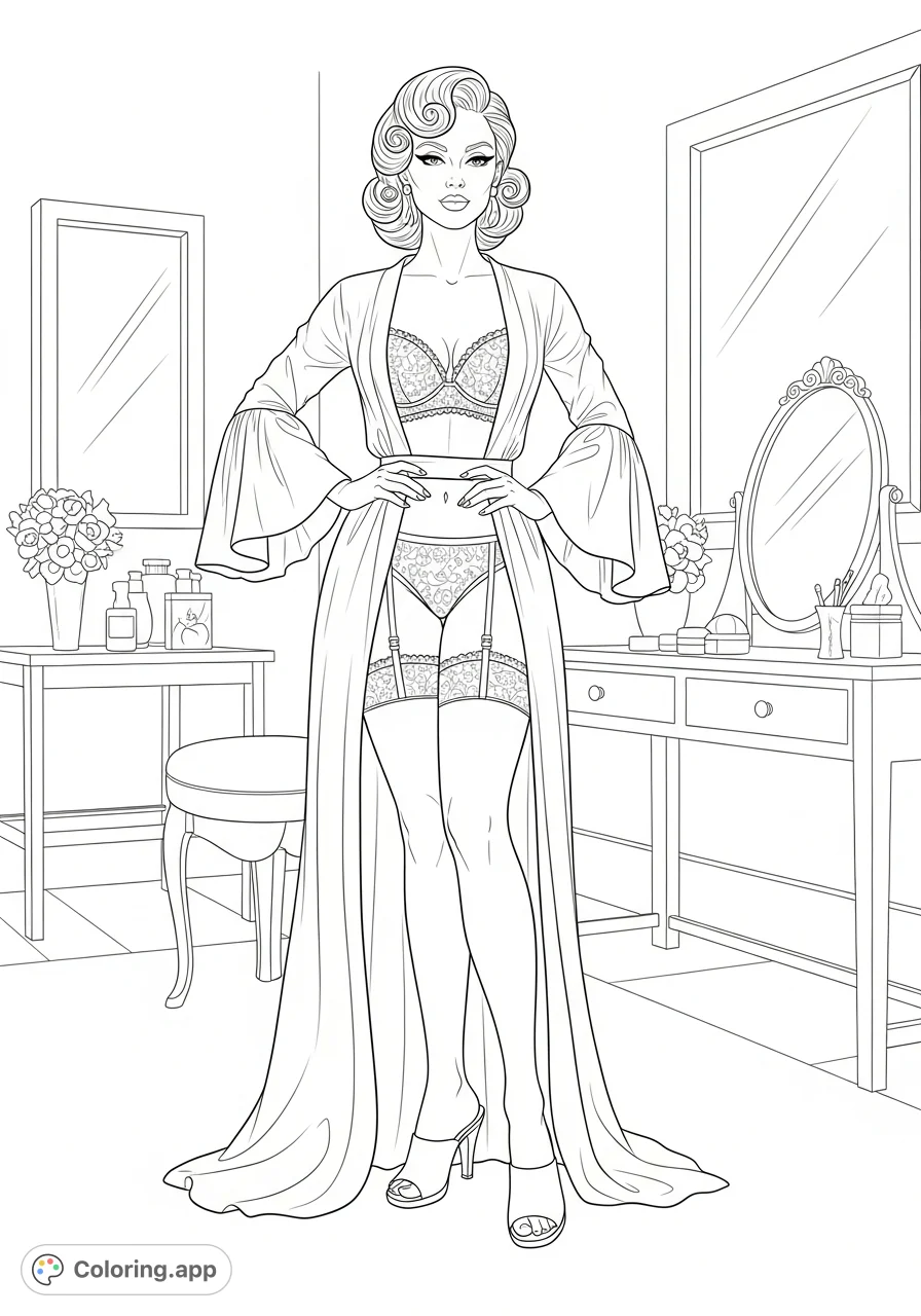 An elegant woman stands confidently, showcasing a vintage glamour look with an hourglass silhouette, delicate lingerie, and a flowing satin robe. A sophisticated coloring page.