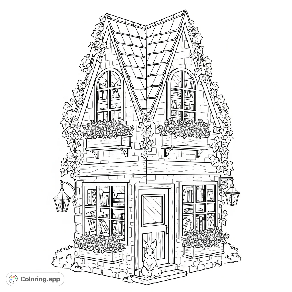 A charming, highly detailed storybook bookstore coloring page featuring a whimsical cottage with flower boxes, ivy, and a small rabbit, perfect for cozy coloring.