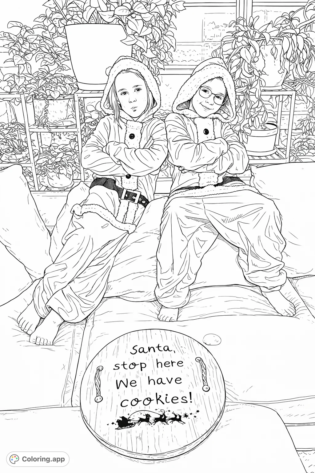 Two kids in Santa outfits ready for cookies, sitting on a couch amidst lush plants. A fun holiday scene awaiting your creative touch!