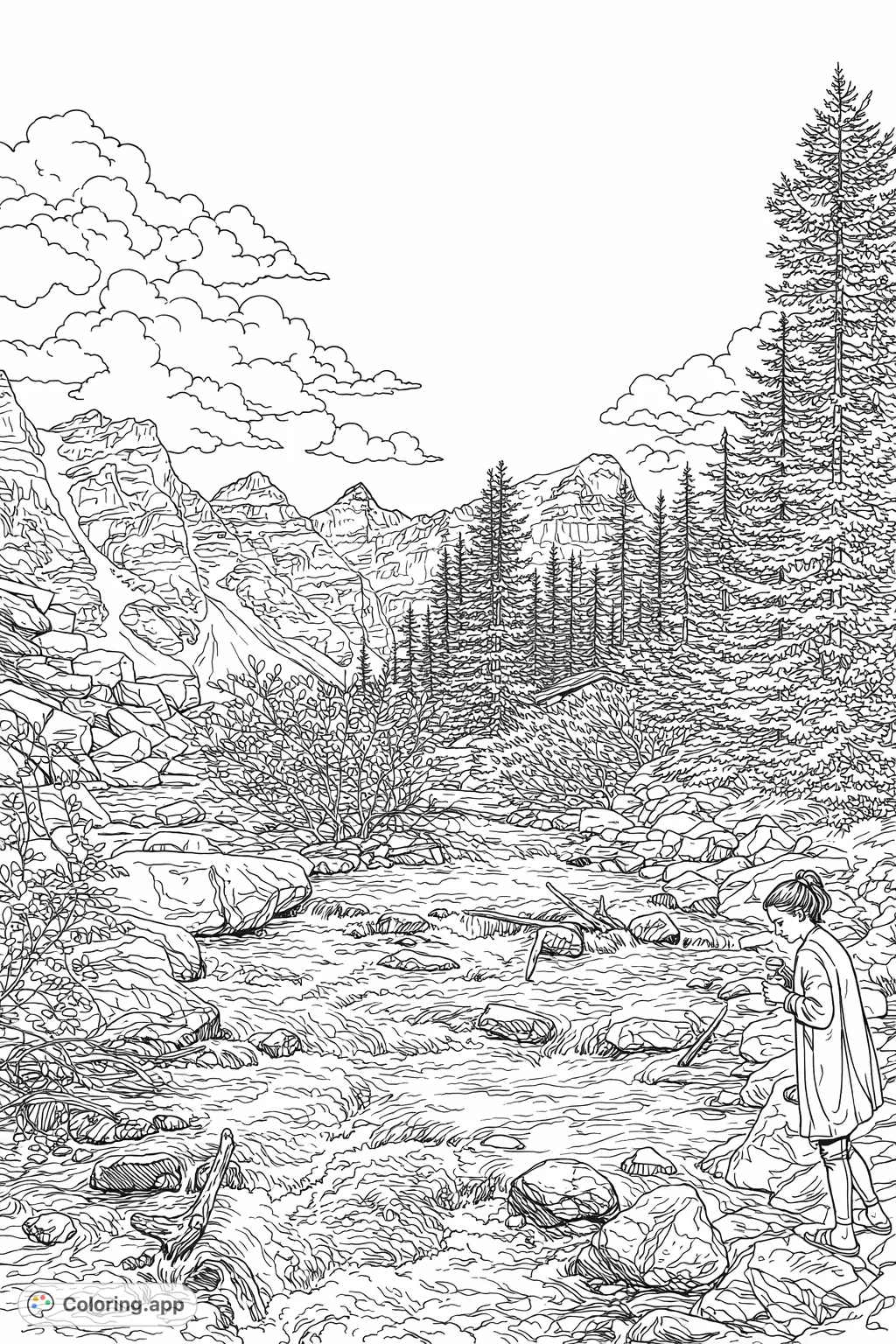 Explore a detailed mountain stream landscape with majestic peaks, flowing water, and dense forests. A serene nature scene for coloring enthusiasts.