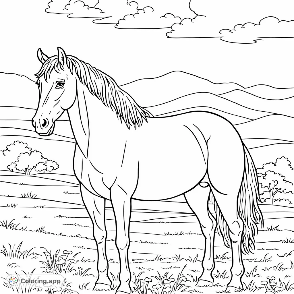 Discover this horse coloring page featuring a magnificent equine amidst rolling hills and a grassy meadow, perfect for all ages to bring to life.