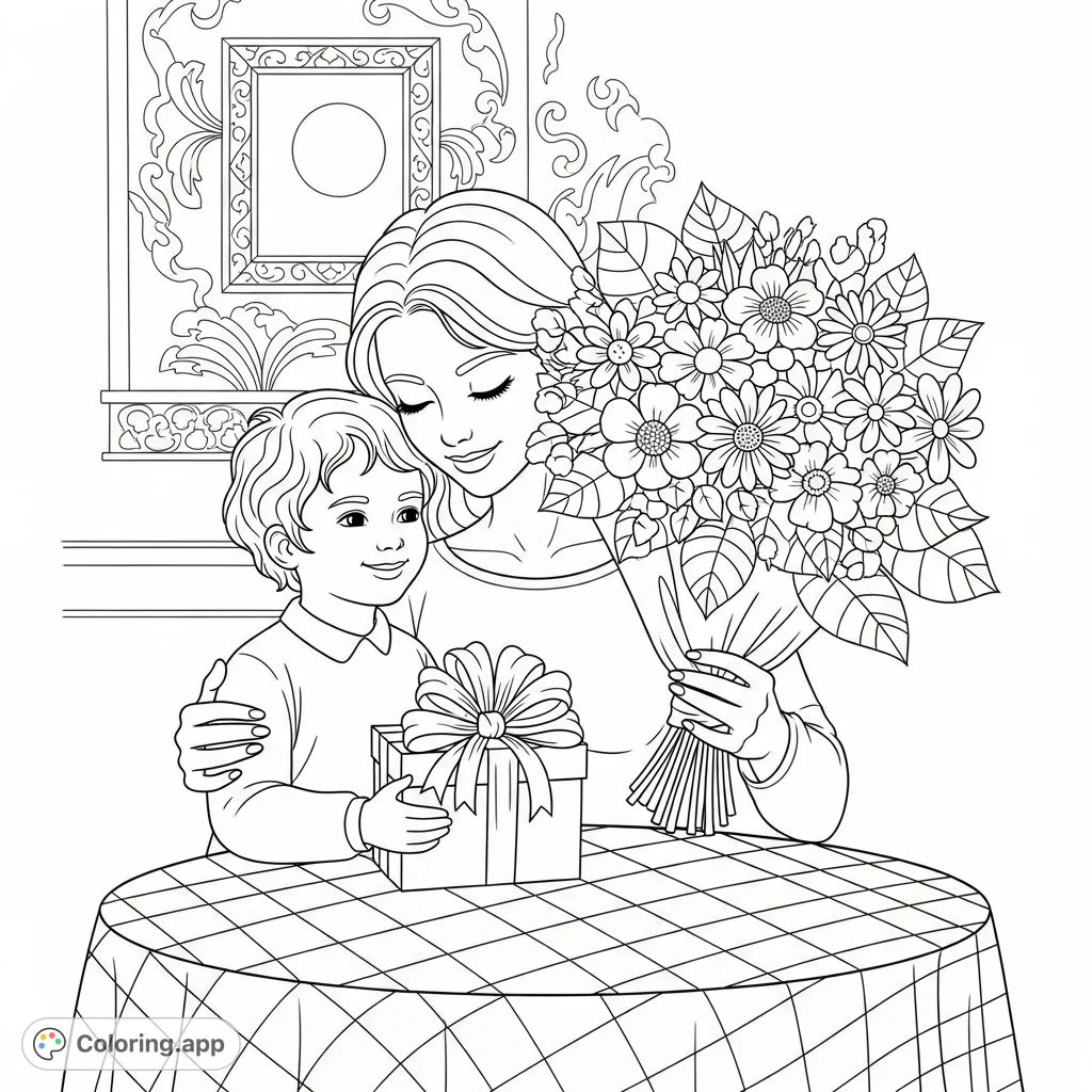 A heartwarming Mother's Day coloring page featuring a mother and child embracing, a bouquet of flowers, and a special gift. Perfect for all ages!