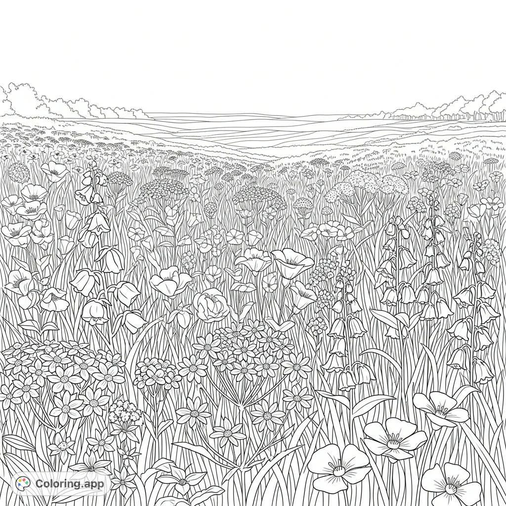 Explore a beautiful prairie filled with diverse flowers and textures. A tranquil nature scene perfect for imaginative coloring and relaxation.