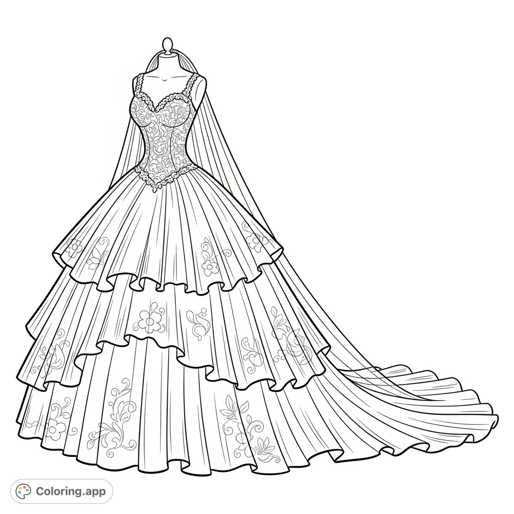 Capture the beauty of an elegant wedding gown, featuring a full tulle skirt, intricate lace bodice, sweetheart neckline, and a graceful train, ready for your artistic touch.